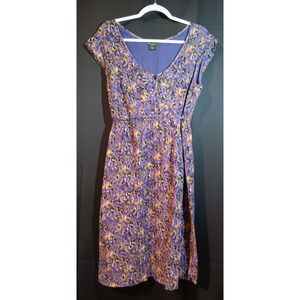 Eddie Bauer Women’s Dress Floral Size 14 Mini Length Purple Yellow Waist Tie VTG